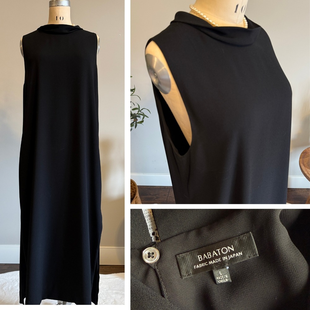 Babaton Black Sleeveless Maxi Dress Collared Back Button Side Slits Minimal Sz L